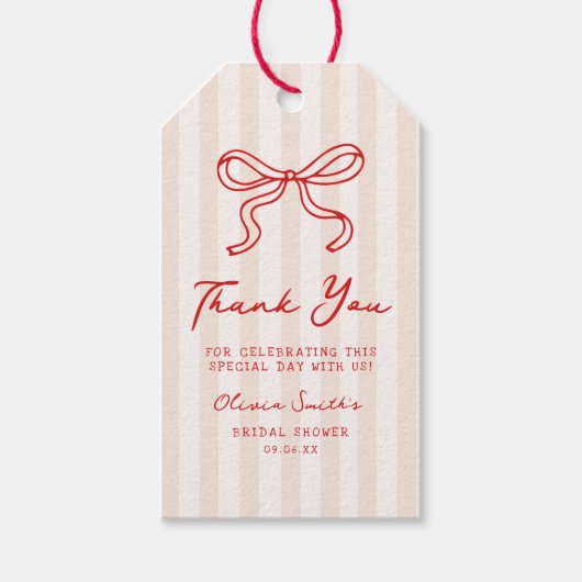 手描きのストライプ柄のウェディングシャワーのお礼 ギフトタグ (正面)
