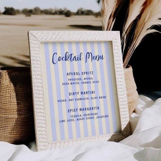 手描きのストライプ柄 ブライダルシャワーのカクテルメニュー ポスター