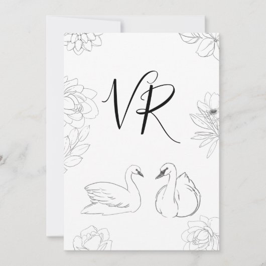 手描きのスワンと花のSave the Date セーブザデート (正面)