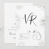 手描きのスワンと花のSave the Date セーブザデート (正面/裏面)