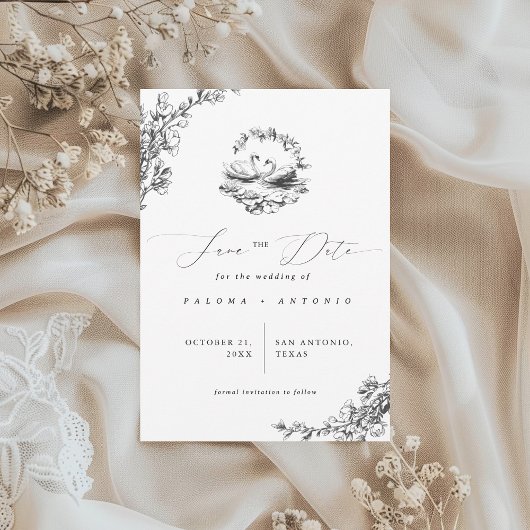 手描きのスワン ヴィンテージ フラワー ウェディング セーブザデート