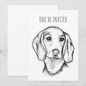 手描きのダックスフントのスケッチ 白黒の仔犬 招待状 (正面/裏面)