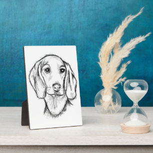 手描きのダックスフントのスケッチ 黒白の仔犬 フォトプラーク