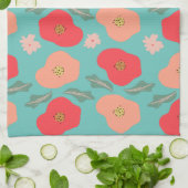 手描きのティールピーチの春の花柄 キッチンタオル (折り畳み)