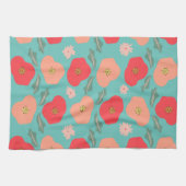手描きのティールピーチの春の花柄 キッチンタオル (横)