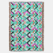 手描きのティール(緑がかった色)のジグザグパターン スローブランケット (正面縦)