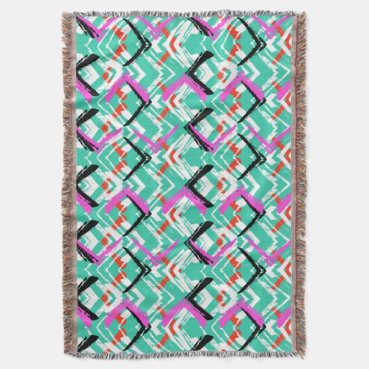 手描きのティール(緑がかった色)のジグザグパターン スローブランケット (正面縦)