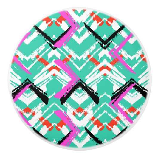 手描きのティール(緑がかった色)のジグザグパターン セラミックノブ (正面)