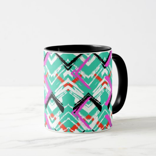 手描きのティール(緑がかった色)のジグザグパターン マグカップ (正面右)