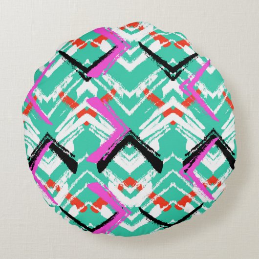 手描きのティール(緑がかった色)のジグザグパターン ラウンドクッション (裏面)