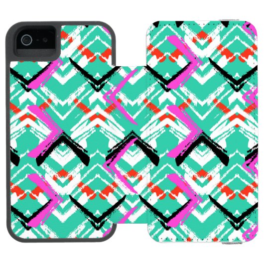 手描きのティール(緑がかった色)のジグザグパターン INCIPIO iPhoneウォレットケース (フォリオ Open)