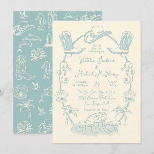 手描きのトロピカル・コースト・カウボーイ・ビーチ・ウェディング 招待状 (正面/裏面)