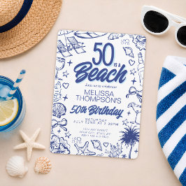 手描きのドゥードルで描かれた遊び心のある50歳のビーチ誕生日 招待状