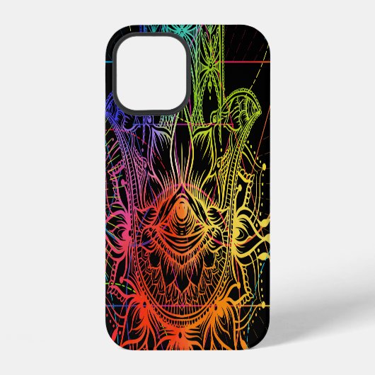 手描きのネオン柄の華やかなハムサ iPhoneケース (裏面)