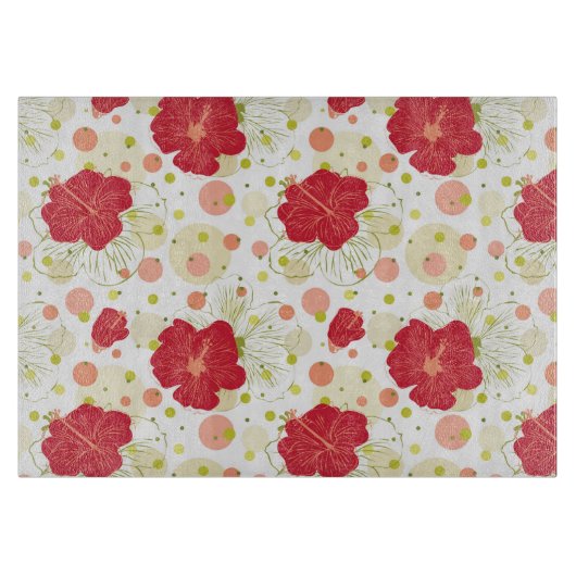 手描きのハイビスカスパターン カッティングボード (正面)