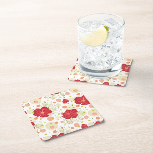 手描きのハイビスカスパターン スクエアペーパーコースター (インサイチュ)