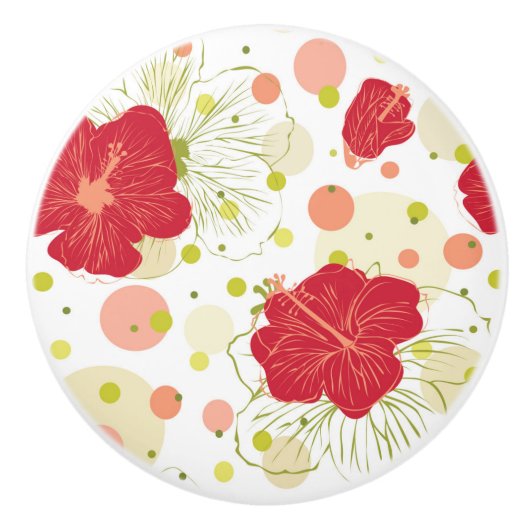 手描きのハイビスカスパターン セラミックノブ (正面)