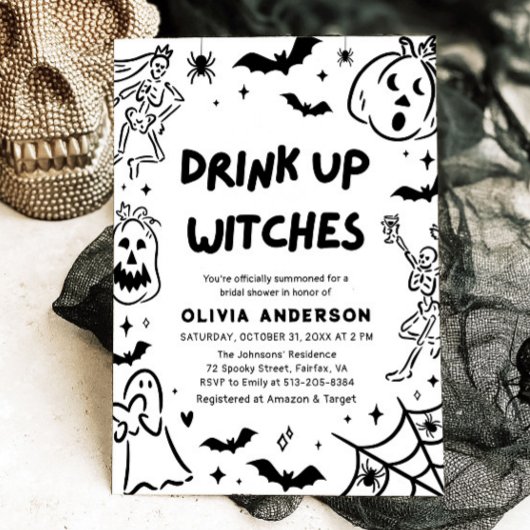 手描きのハロウィンスケルトンゴースト ブライダルシャワー 招待状