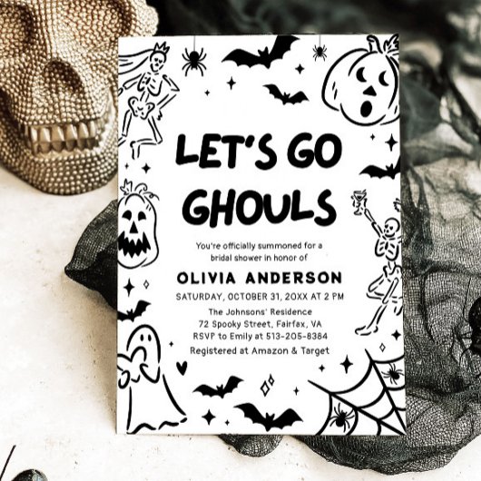 手描きのハロウィン スケルトン ゴースト ブライダルシャワー 招待状