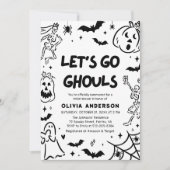 手描きのハロウィン スケルトン ゴースト ブライダルシャワー 招待状 (正面)