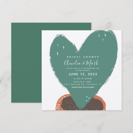 手描きのハート型サボテン鉢植え ブライダルシャワー 招待状 (正面/裏面)