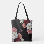 手描きのバラの花 ブラック トートバッグ (裏面)