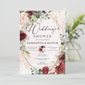 手描きのバーガンディ フラワー ゴールド ウェディング シャワー 招待状 (スタンド正面)