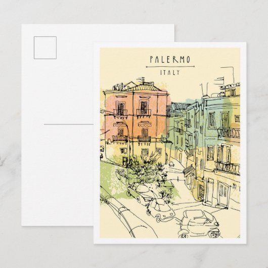 手描きのパレルモイタリアの風景のランドマーク ポストカード (正面/裏面)