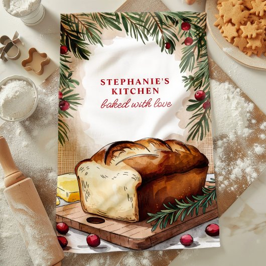 手描きのパンがついた、あなただけのクリスマス キッチンタオル