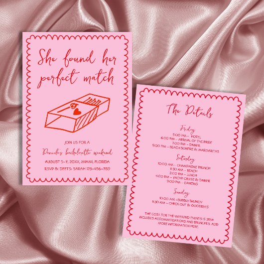 手描きのパーフェクトマッチ ピンクのバチェロレッテウィークエンド 招待状
