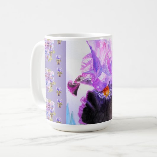 手描きのパープルアイリス 花のラテムグ コーヒーマグカップ (正面左)