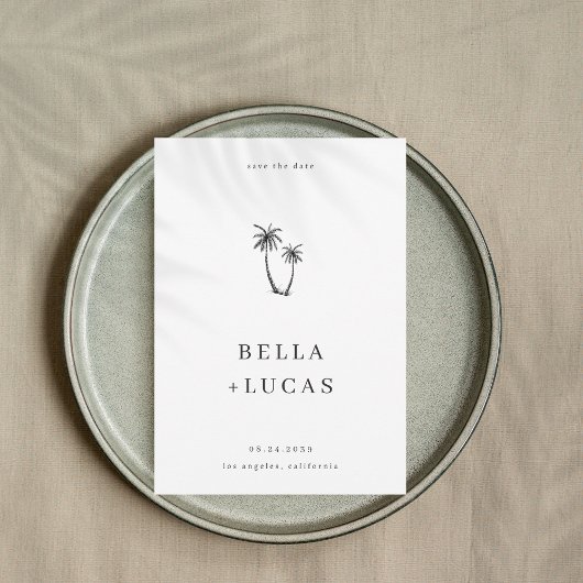 手描きのパームツリーがトロピカルなQRコードの結婚式の招待状 セーブザデート