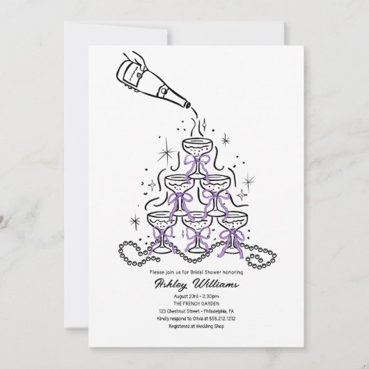 手描きのパールとプロセッコ ブライダルシャワー 招待状 (正面)