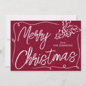 手描きのヒイラギの実バーガンディーのクリスマス写真 シーズンカード (正面)