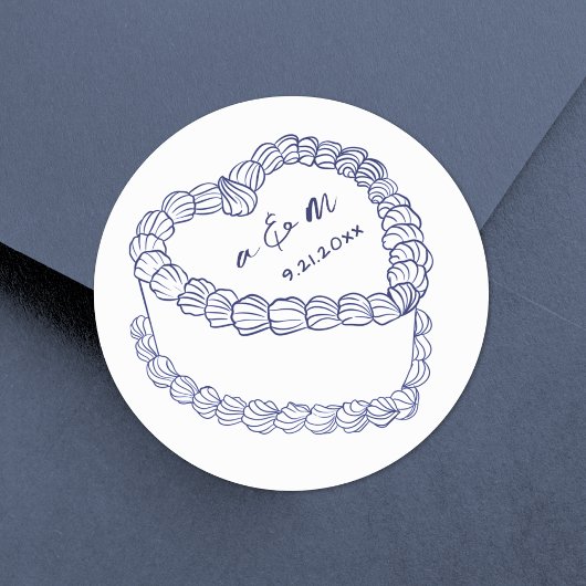 手描きのビンテージケーキ ネイビーブルーの結婚式 ラウンドシール