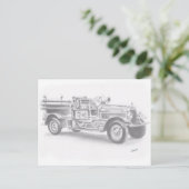 手描きのビンテージ消防車のスケッチ ポストカード (スタンド正面)