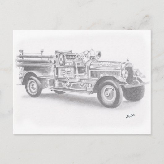 手描きのビンテージ消防車のスケッチ ポストカード (正面)