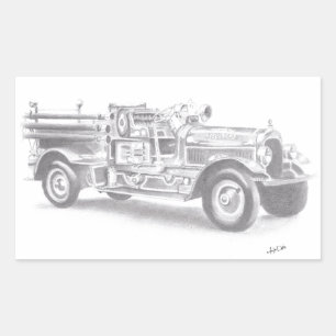 手描きのビンテージ消防車のスケッチ 長方形シール