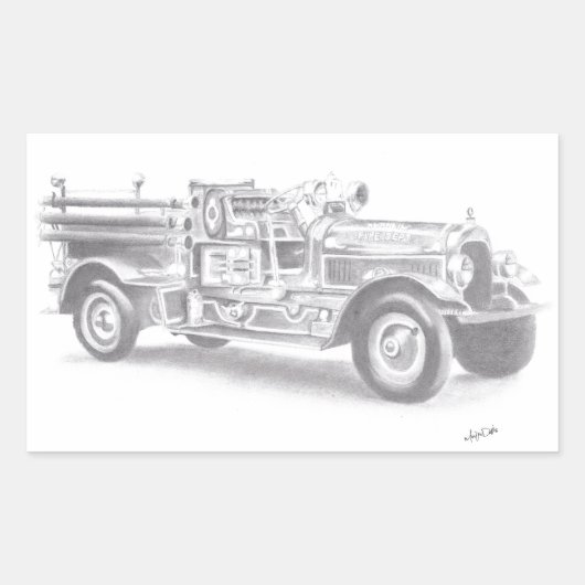 手描きのビンテージ消防車のスケッチ 長方形シール (正面)