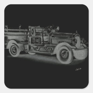 手描きのビンテージ消防車 インバース スクエアシール