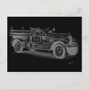 手描きのビンテージ消防車 インバース ポストカード