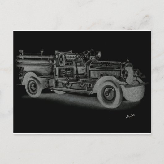 手描きのビンテージ消防車 インバース ポストカード (正面)