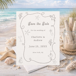 手描きのビーチ風アイボリー・タウペの結婚式Save the Date