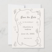 手描きのビーチ風アイボリー・タウペの結婚式Save the Date (正面)