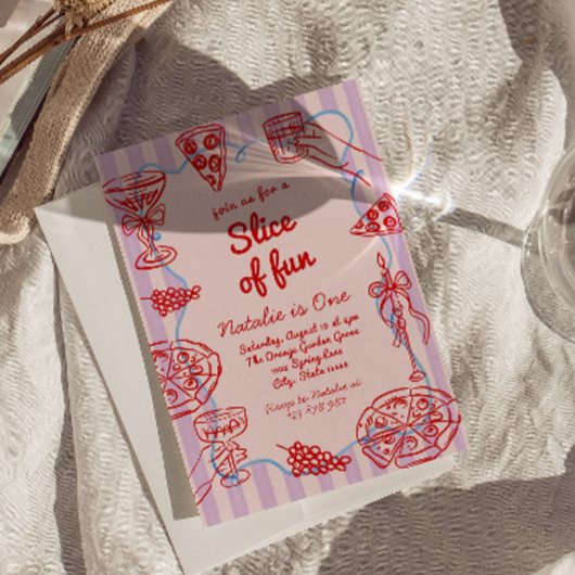 手描きのピザのスライス　ファースト　楽しい誕生日パーティー 招待状