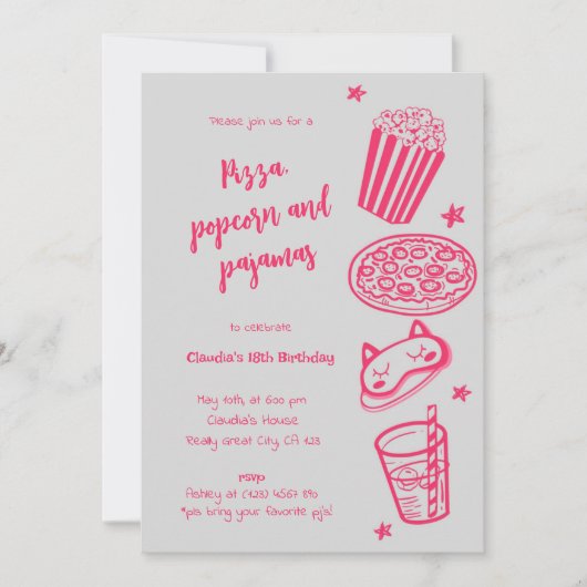 手描きのピザ・ポップコーン・パジャマのパーティー招待状 招待状 (正面)