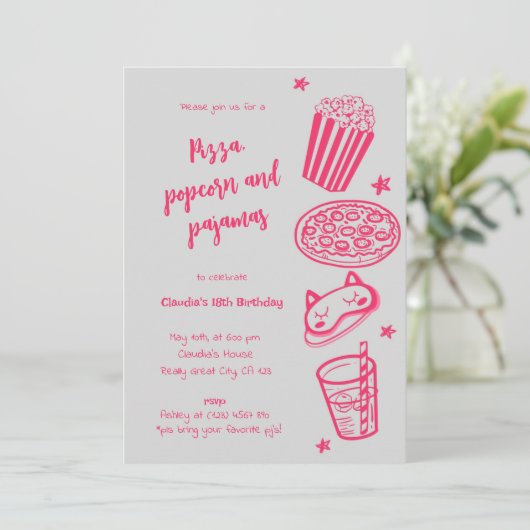 手描きのピザ・ポップコーン・パジャマのパーティー招待状 招待状 (スタンド正面)