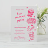 手描きのピザ・ポップコーン・パジャマ 誕生日パーティー招待状 招待状 (スタンド正面)