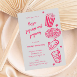 手描きのピザ・ポップコーン・パジャマ 誕生日招待状 招待状