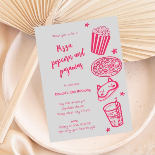 手描きのピザ・ポップコーン・パジャマ 誕生日招待状 招待状